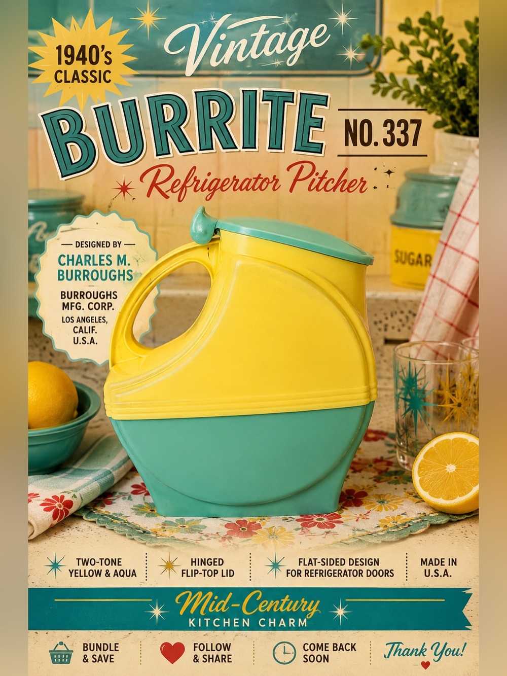 Vintage Burrite No. 337 Mid-Century Refrigerator Pitcher – Charles M. Burroughs